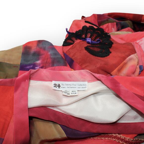 Vintage 24Collection Silk Patchwork Long Open Jacket Fuschia Lightweight - Picture 9 of 11